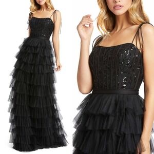 NWT Mac Duggal Black Sequined Bustier Tiered Ruffle Gown - Size 12